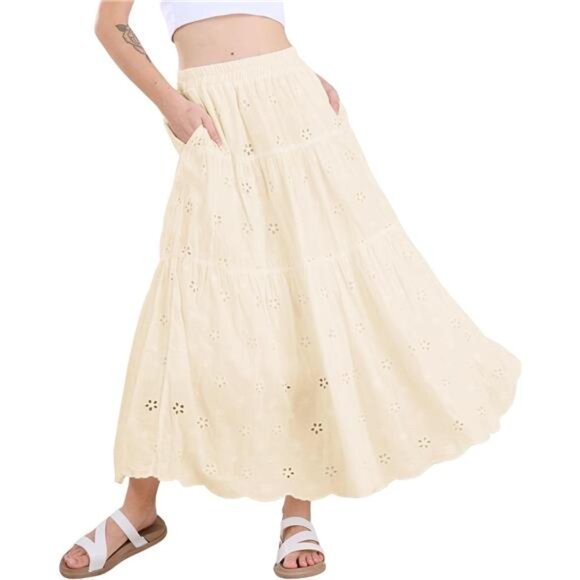 Women's Lace Embroidery Eyelet Boho Skirt Beige - Picture 1 of 7